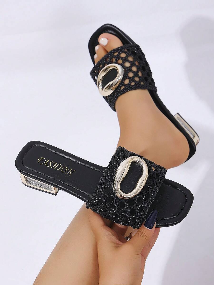 Women's Metallic Glamorous Style Rhinestone Criss-Cross Strap Slide Sandals, Suitable For Party, Holiday, Wedding, Outdoor Wear In Spring/Summer, Square Toe, Low Heel, Slip-On, Open Toe, Shiny - Black 2 - View 1