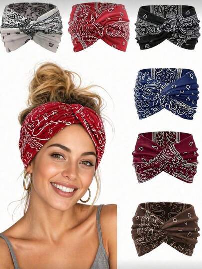 6pcs/Set New Cute Knot Headbands, Paisley Pattern Elastic Headbands, Women's Yoga Sports Outdoor Hair Accessories, Bohemian Headwear, Women's Beach Accessories, Stretchable Sports Headbands, Summer Sweat-Absorbing Headbands, Retro Style Suitable For Sports, Yoga, Makeup, Spa, Daily Styling, Hair Accessories, Fashion Accessories And Other Fields, Suitable For Use In Spring, Summer, Autumn And Winter.