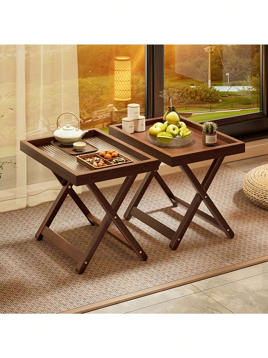 2 Options: Foldable Wooden Side Table/Coffee Table, X-Shaped Side Table With Raised Edge Tray, Multifunctional Bedside Table, Suitable For Home, Living Room, Bedroom, Window Sill, Bedside. Versatile Low Coffee Table, Suitable For Tea Ceremony, Snacks, Laptop, Meditation, Easy To Store. - Multicolor - View 1