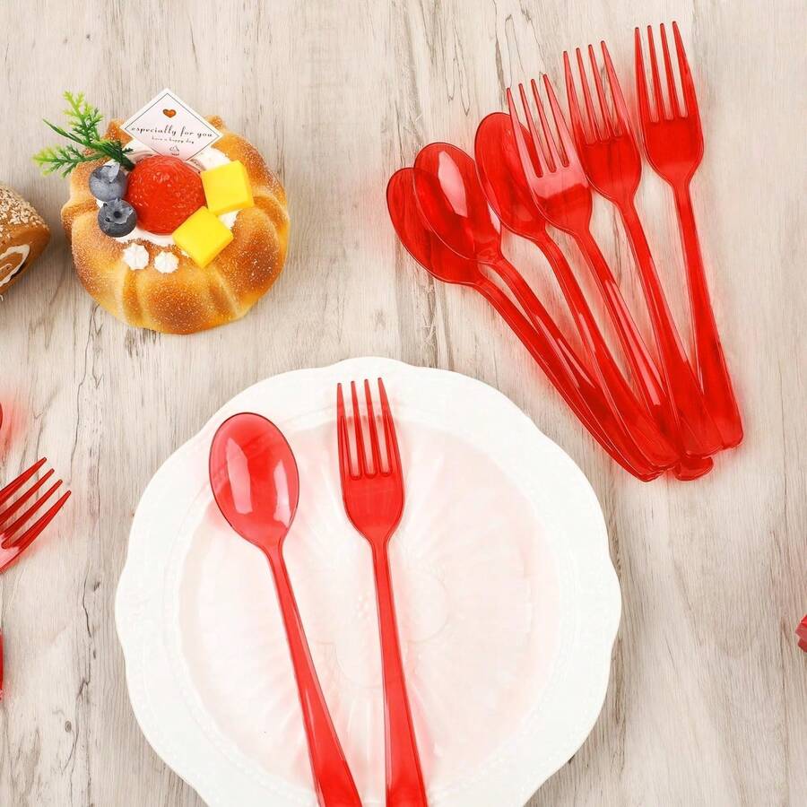 Nĩa/muỗng tráng miệng màu đỏ, bộ dao nĩa dùng trong phục vụ ăn uống, có thể rửa và tái sử dụng, thích hợp cho bánh ngọt, salad, mì ống, món tráng miệng, món khai vị, hoàn hảo cho tiệc Valentine, Ngày của Cha, đám cưới, bữa trưa, họp mặt gia đình, tiệc đính hôn, tiệc nướng BBQ, bữa tối, họp mặt gia đình, sinh nhật, ngày lễ, lễ nghỉ hưu, dã ngoại ngoài trời, lễ tốt nghiệp, tựu trường, tiệc buffet, phục vụ ăn uống và nhiều dịp khác. - Đỏ - Xem 1