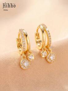 Hihho 1 Pair Minimalist Fashion Double-Layer Round Zirconia Stone Dangle Earrings, Luxury Elegant Design Everyday Jewelry Accessory, Suitable For Formal Wear, Parties, Gifts - Round Drop Earrings - View 9