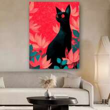 Enmarcado  plano 2D de 1 pieza: Elegante gato negro con ojos rojos sobre fondo rojo y verde vibrante - Lienzo decorativo con marco de , diseño moderno vintage, póster impreso de alta calidad para la decoración del hogar, oficina, sala de estar, dormitorio, cocina, baño,  para dormitorio | Arte moderno vintage | Lienzo envuelto, decoración de gatos - Enmarcado - Ver 1