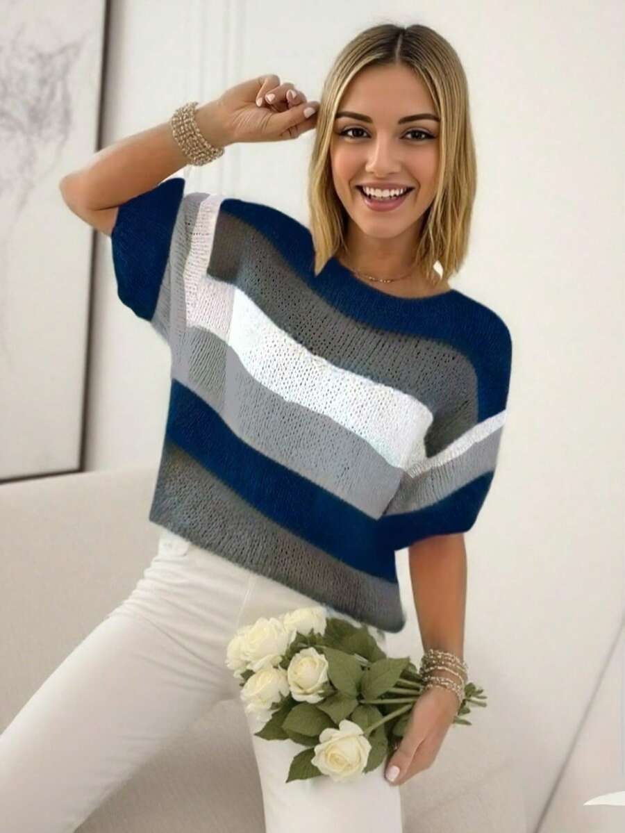 Blusa de punto de cuello redondo con mangas cortas y rayas de colores arcoíris para mujer - Azul y blanco - Ver 1