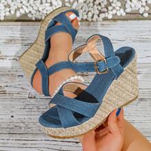 Plus Size Women's Denim Wedge Sandals, European And American Style Thick Sole Casual Sandals For Spring And Summer - Blue - View 13