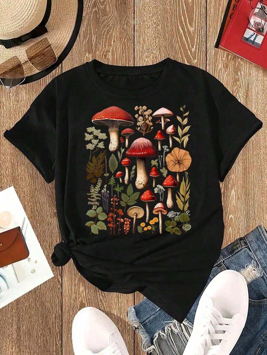 Camiseta con Estampado de Plantas y Hongos, Camiseta de Verano, Camisetas con Estampados para Mujer, Tops de Algodón Puro - Negro - Ver 1
