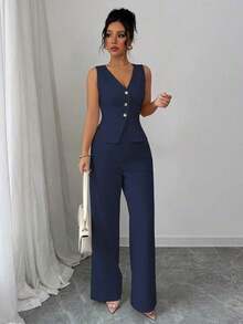 Conjunto de camiseta sin mangas y pantalones elegante para mujer, estilo de oficina y transporte, atuendo de otoño para maestros - Azul marino - Ver 6