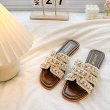 2026 Summer New Beige Pearl Versatile Slip-On Sandals, Flat Sole Beach Slippers For Women To Pair With Dresses - Beige - View 5