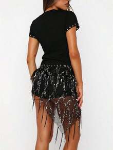 Women's Y2K Fringe Belly Wrap,Dance Scarf Belly Sheer Skirt Cover Up,Sequin See Through Mesh  Asymmetrical Tie Waist Skirt,Suitable Yoga, Belly Dance, Performance,Club Party,Night Out - màu đen - Xem 3