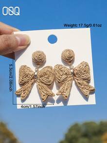 OOQ 1对夏季手工拉菲草蝴蝶结耳环，甜美可爱简约清新几何耳环，婚礼季送给伴娘、朋友和爱人的礼物，适合女性日常、度假和派对佩戴（手工拉菲草编织，形状和方向随机） - 卡其色 - 查看 6