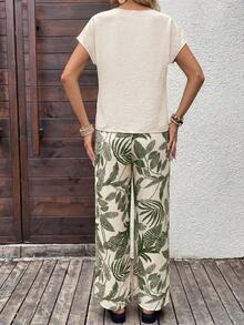 Set de 2 piezas con top de manga corta y pantalón de pierna ancha con estampado geométrico para mujer - Multicolor 9 - Ver 2