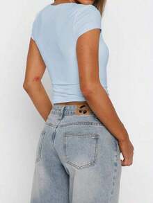 Blusa ajustada y sexy de punto para mujer , camiseta casual de cuello cuadrado de unicolor, primavera/verano - azul claro - Ver 6