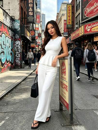 1pc Solid Color Knit Fabric Pleated Camisole, Suitable For Holiday, Vacation, Sports, Birthday Party, All Seasons Casual White