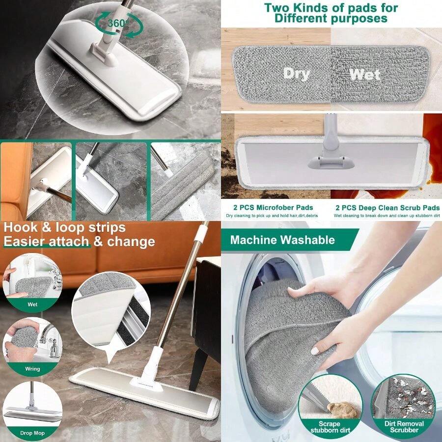 18 Professional Microfiber Mop Floor Cleaning System, Flat Mops With Stainless Steel Handle, 4 Reusable Washable Mop Pads, Wet And Dust Mopping Hardwood, Vinyl, Laminate (White - Trắng & xám - Xem 1