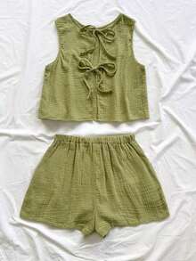 Top sin espalda con textura y lazo, holgado y casual para vacaciones, shorts casuales con elástico en la cintura y bolsillos, para playa y mar - Verde Oliva 2 - Ver 2