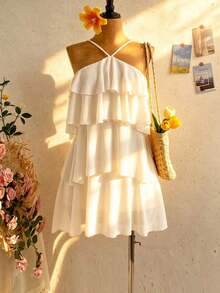 Nuevo vestido elegante y romántico para invitados de boda, de unicolor, con espalda descubierta, multicapa con volantes de gasa, minivestido, adecuado para estilo bohemio, boho, flores románticas, vacaciones, fiestas florales, citas, San Valentín, - Beis - Ver 8