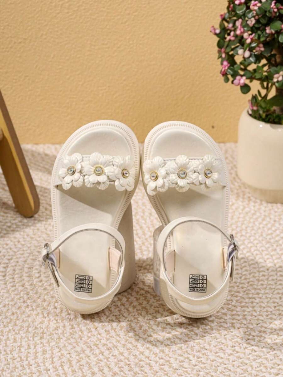 New Flower Decor Open Toe Chunky Heel Sandals For Girls, White - Beige - View 1