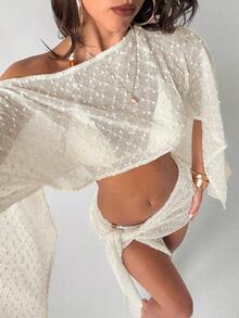 Conjunto de 2 piezas de mujer para primavera/verano con textura de jacquard, blusa tipo chal y minifalda de estilo envolvente, ropa de playa/resort para mujer - Albaricoque - Ver 8