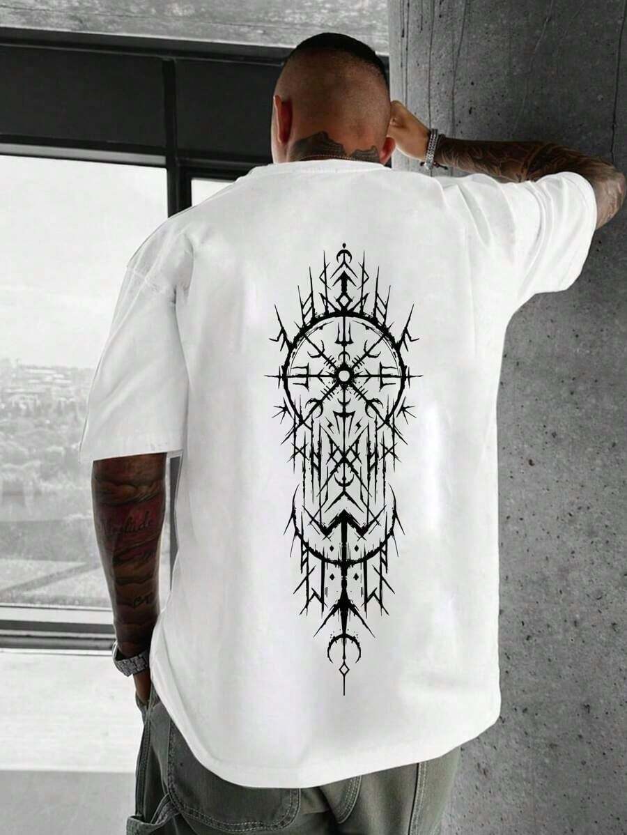Men's Short-Sleeved T-Shirt With Crew Neck And Dreamcatcher Print, Emo Style - 白色 - 查看 1