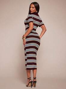 Vestido camisero de mujer de estilo casual, elegante y de negocios, con rayas negras y blancas.Vestido midi de punto elástico y ajustado.Vestido chic francés a rayas en blanco y negro.Vestido midi a rayas.Vestido midi ajustado a rayas.Vestido de verano de mujer con cuello a rayas. - Multicolor 7 - Ver 3