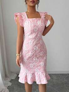 Vestido elegante de jacquard de cuello cuadrado y manga corta para uso diario, verano - Rosa - Ver 5