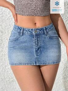 Minifalda vaquera ajustada de talle bajo y sexy para mujeres - Azul - Ver 7