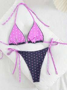 Swim Mod Women's New Solid Color Triangle Cup Bikini Set, Sexy Tie-Up Two Pieces Swimsuit For Summer Beach Vacation - 紫色 - 查看 2