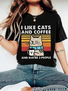 Camiseta de cuello redondo con estampado de gato y café de Hewang, top casual de manga corta, adecuado para primavera y verano, para mujer - Negro - Ver 1