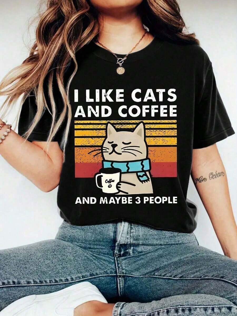 Camiseta de cuello redondo con estampado de gato y café de Hewang, top casual de manga corta, adecuado para primavera y verano, para mujer - Negro - Ver 1