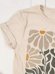 Women's Crew Neck T-Shirt With Plant Print 2026, Graphic Tees, Tops For Women - 杏色 - 查看 3