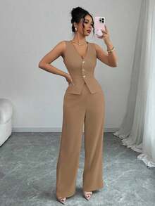 Conjunto de camiseta sin mangas y pantalones elegante para mujer, estilo de oficina y transporte, atuendo de otoño para maestros - Mostaza Amarilla - Ver 3