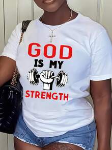Camiseta inspiradora para mujer con estampado "Dios es mi fuerza", cuello redondo, patrón geométrico, longitud regular, estilo casual, tela, primavera y otoño, camiseta con temática de fitness. |    Camiseta estampada |   Parte superior lavable a máquina - Blanco - Ver 3