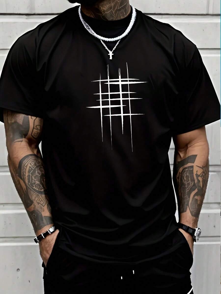 Camiseta Casual de Manga Corta para Hombre - Cuello Redondo, Tejido Suave de Poliéster, Diseño de Líneas Negras Geométricas, Estilo Veraniego para Atuendo Casual - Negro - Ver 1