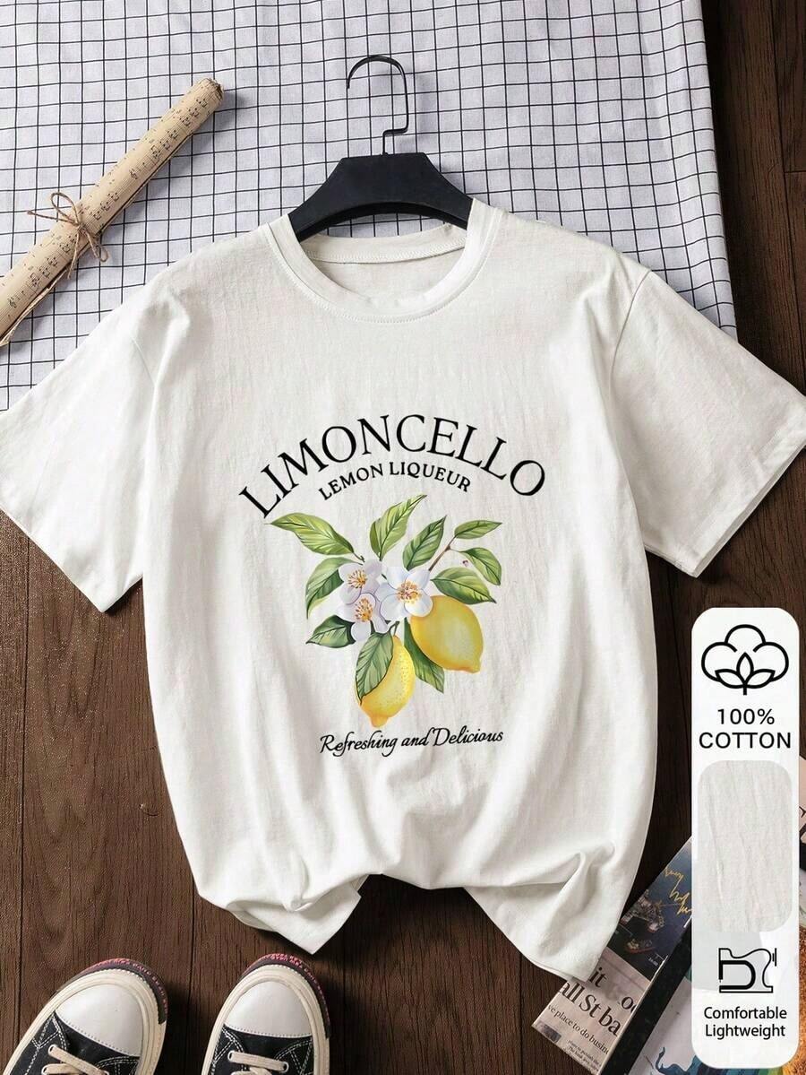 Women's 100% Cotton Casual Short Sleeve Blouse With Lemon Print, Graphic Tee, Cotton Clothing, Outdoor Wear, Printed Print, Summer T-Shirt, Summer Blouse, Vacation Outfit, Beach Style, Minimalist Holiday Wear In White - 白色 - 查看 1