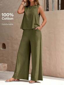 Faunlyn Top tank unicolor & Pantalones de pierna ancha - Verde militar - Ver 7