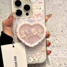 Pink Heart-Shaped Magnetic Phone Stand With A Pink Gradient Design Of Butterflies And Puppies (Without Phone Case) Mother's Day Gift - Baby Pink - View 3
