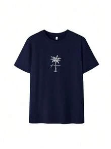1 pieza de camiseta de manga corta con cuello redondo y estampado minimalista de cocotero para mujer, sencilla y versátil, adecuada para uso diario y de vacaciones. Camiseta con Estampado, Mujer, Blanco, Negro, Rosa, Verano, 180g, 100% Algodón - Negro - Ver 11
