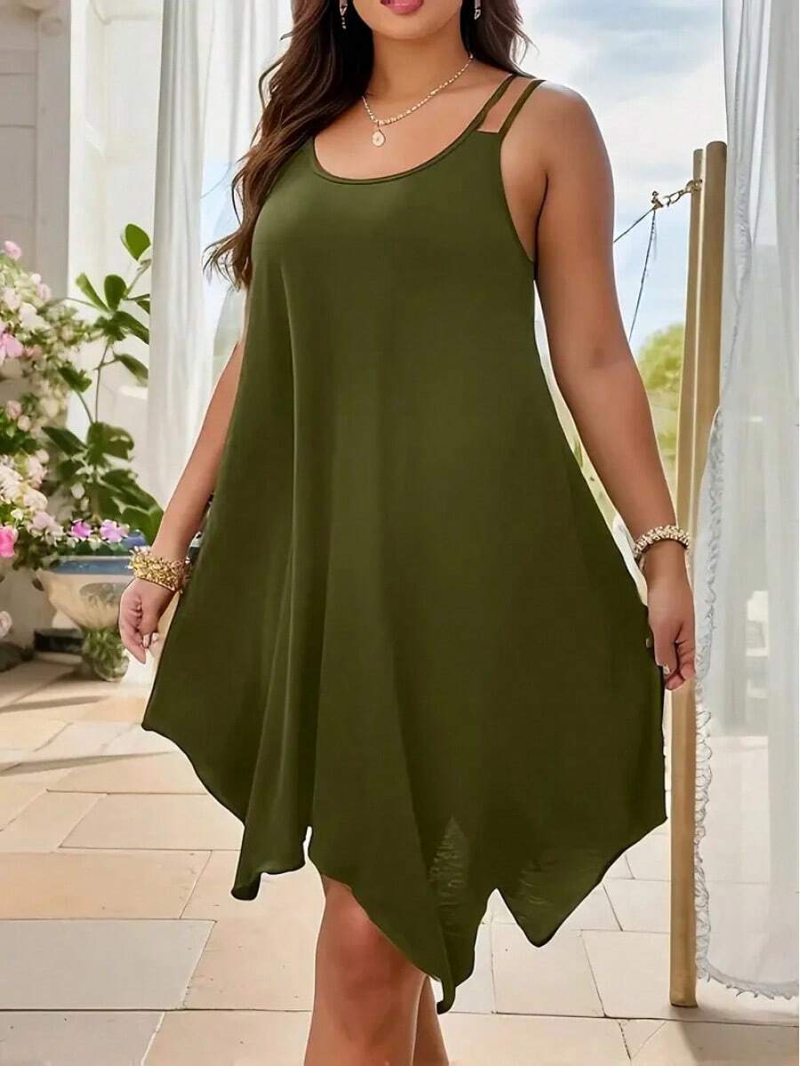 Vestido Midi de talla grande para mujer, liso, con tiras, dobladillo asimétrico, sin mangas, informal, suelto, para vacaciones de verano, XL-5XL - JX4088 Verde militar - Ver 1