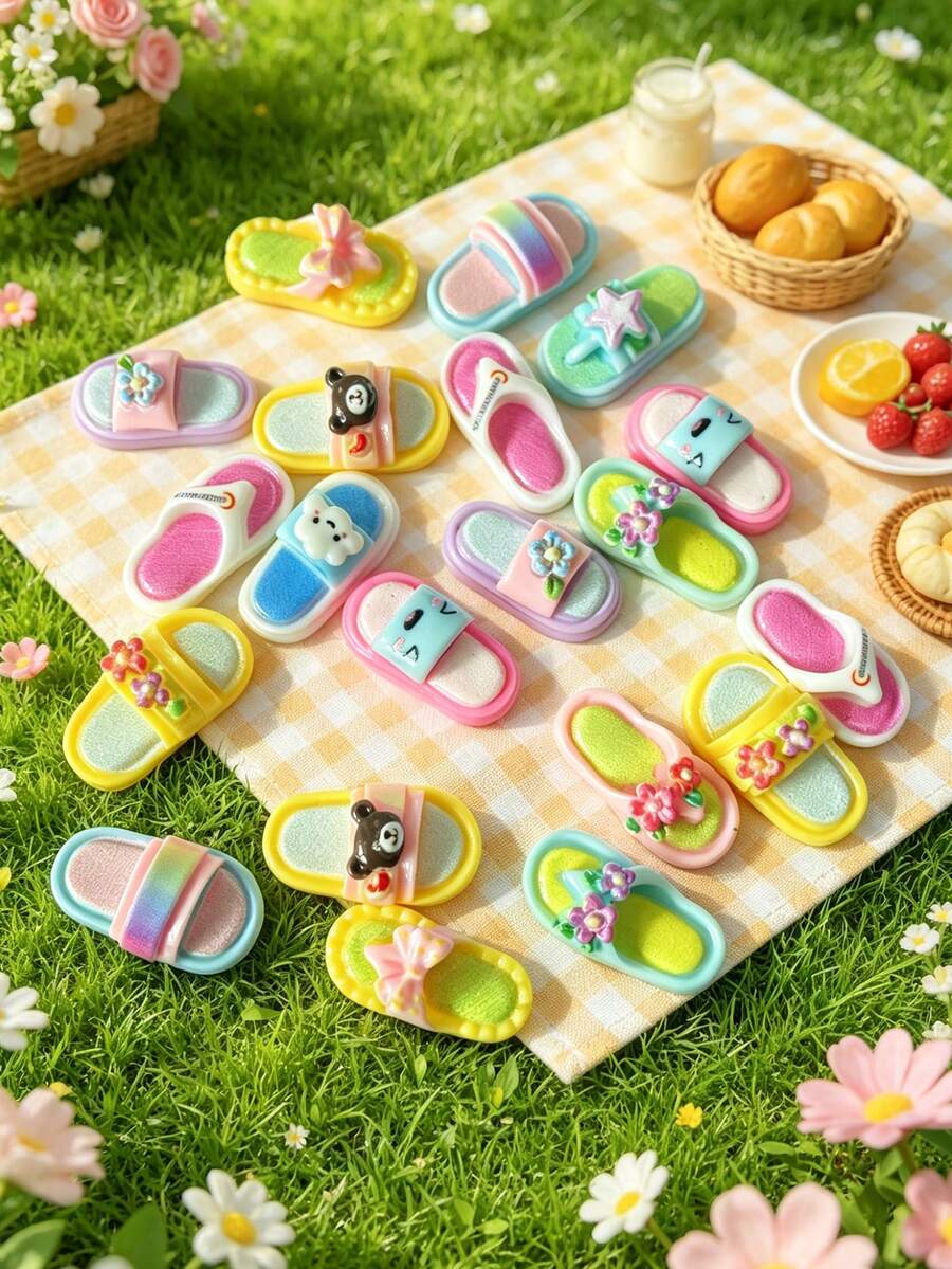 20pcs Colorful Summer Flip Flop Resin Patch, Styles Of Sandal Design, Cute Vacation Accessory For Jewelry Making, DIY Craft Material For Scrapbooking, Phone Case, Hair Clips, Bag Charms, Keychain, Necklace And More - Multicolor - View 1