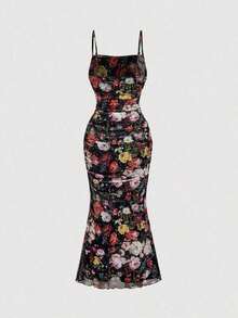 Vestido de cola de pez con estampado floral elegante para mujer, verano - Negro - Ver 2