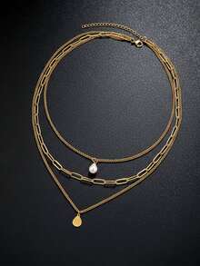1 chiếc vòng cổ nữ bằng thép không gỉ, vòng cổ choker nhiều lớp với mặt dây chuyền hình giọt nước ngọc trai Baroque, dây chuyền kim loại + chi tiết ngọc trai không đều, phong cách tối giản Âu Mỹ, màu vàng, thích hợp cho đeo hàng ngày, đi làm, hẹn hò, thường ngày, ngày lễ, quà tặng Ngày Valentine/Giáng sinh. - vòng cổ - Xem 6