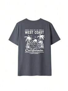 Women's Short-Sleeved T-Shirt With A Round Neck, A Casual Summer Style, Minimalist And Versatile, With A Palm Tree Print And Slogan, Suitable For Everyday Wear. Printed T-Shirt, Black, Vacation - 深灰色 - 查看 3