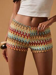 Retro Multicolor Wave Knit Shorts, High Waisted Textured Geometric Print Hot Pants, Women's Summer Vacation & Boho Casual Shorts - Multicolor - View 3