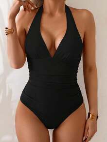 Traje de baño de una pieza con control de abdomen, estilo minimalista de unicolor, con escote halter y espalda descubierta, para vacaciones de verano en la playa - Negro - Ver 4