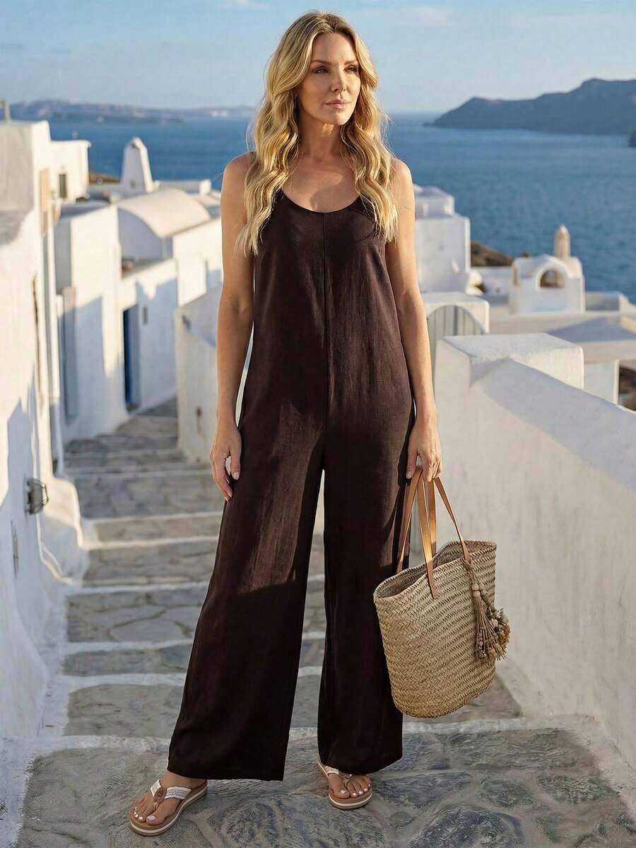 Mono Casual de Pierna Ancha con Bolsillos en Color Sólido para Mujer - Café integral - Ver 1