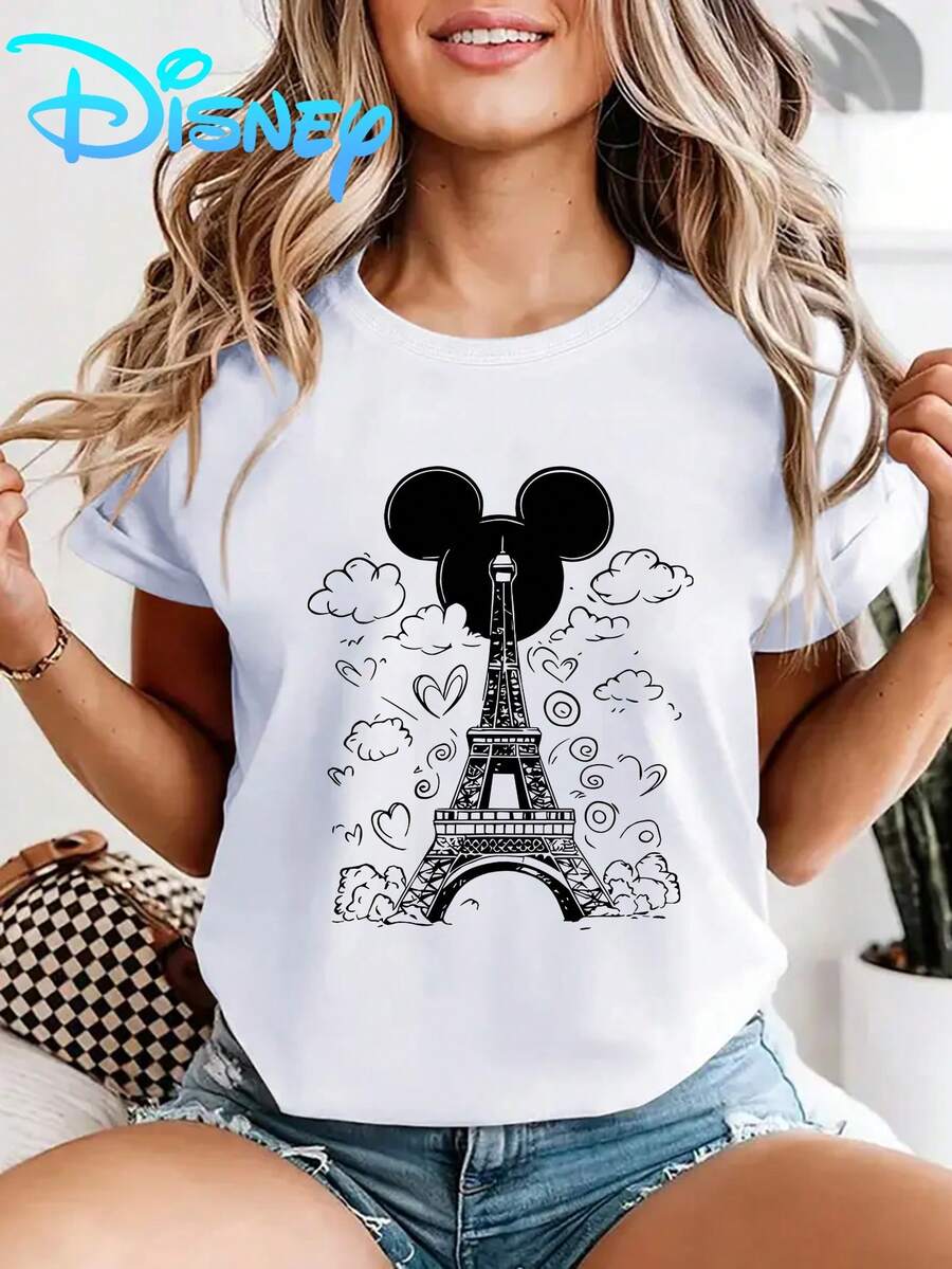 Disney Mickey Mouse And Eiffel Tower Pattern Women's T-Shirt-White Y2K Casual Short-Sleeved Shirt, Soft And Elastic Impermeable Fabric, Machine Washable For Daily Wear In Summer, Disney Family Series, Fun Cartoon Design, Easy-To-Care Comfortable T-Shirt, Summer Women's Dress, Suitable For Women's Clothing In Spring And Summer, Disney Short-Sleeved, Summer Women's Dress, Officially Authorized Disney T-Shirt, Disney Men's And Women's Fashion Short-Sleeved T-Shirt In Spring And Summer, Unisex, Perfect Gift. - trắng - Xem 1