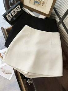 Pantalones cortos/falda/culotte/shorts de mujer de tela suave y texturizada de cintura alta con abertura, de uso versátil y casual, para primavera/otoño - Beis - Ver 2