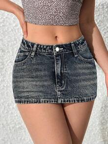 Falda vaquera corta casual de mujer con decoración de bolsillo y silueta ajustada - Azul 3 - Ver 4