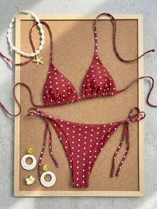 Swim Mod Conjunto de bikini de triángulo con copa sólida para mujer, traje de baño sexy de dos piezas con lazos - Rojo - Ver 3