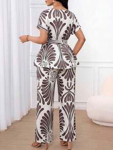 Lady Conjunto de dos piezas de mujer con top de manga corta y pantalones rectos sueltos, de unicolor, tela jacquard casual y elegante, cintura suelta y bajo en A. Apto para usar en primavera, verano y otoño. Atuendos de oficina, de vuelta al colegio, de iglesia, de salida y modestos para el aeropuerto. - Multicolor 2 - Ver 2