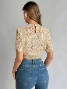 Camiseta de verano para mujer de encaje transparente con camisa, top de manga corta - Beis - Ver 2